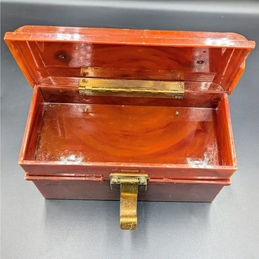 Vintage Marbled Lucite Style Purse Trinket Jewelry Box Amber Brown Brass Clasp